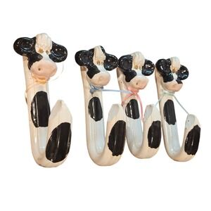 Vintage Farmhouse Ceramic Holstein Cow Wall Hooks Set of 4 Black White Glossy